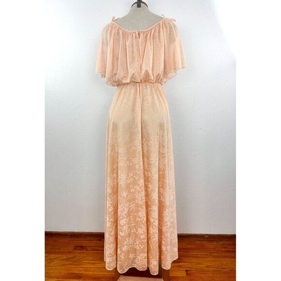 Vintage 70s Chiffon Dress Split Sleeve Maxi Capelet Peach Floral Split Sleeve - Picture 2 of 16